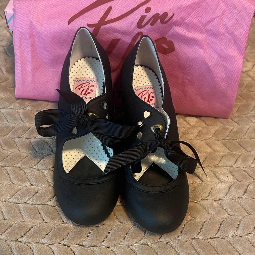 Pinup Couture Black Mary Jane Ribbon Heels with Heart Cutouts
